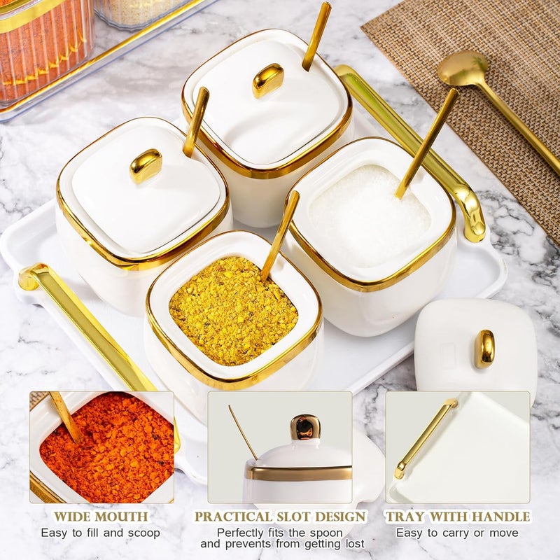 EABOSON 4 Pack Gold Condiment Spice Jars with Lids, Spoons, Tray - Ceramic Seasoning Box Set for Salt, Pepper, Sugar - Kitchen Storage - Image 4